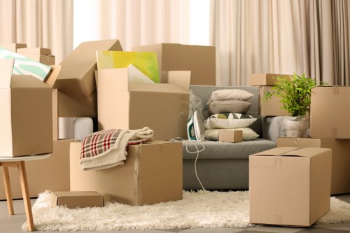 Boxes and furniture prepared for transport by a removals van